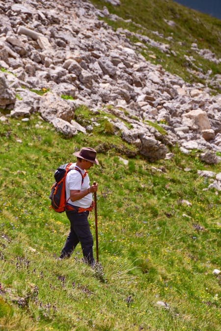 How To Hike Downhill Safely And Efficiently - Man hiking with a pole